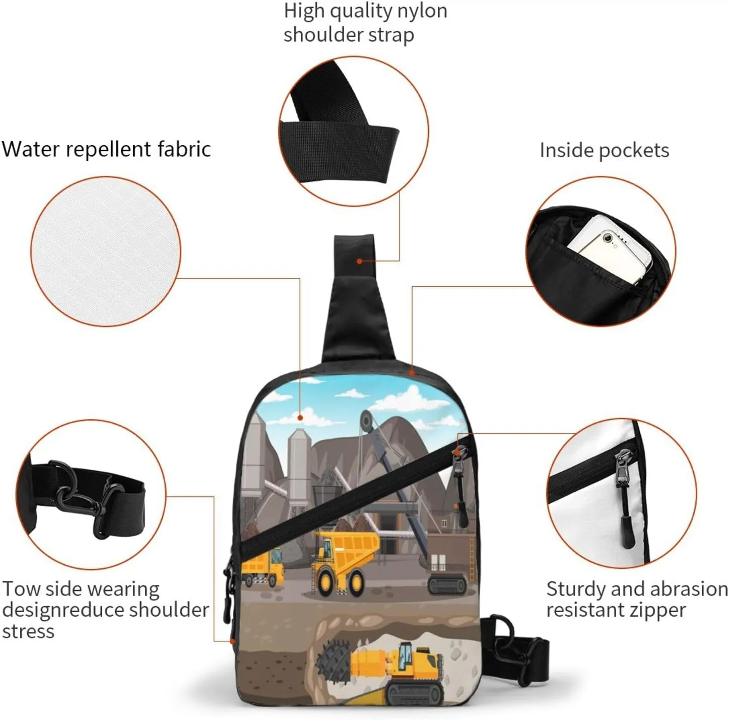 Coal Mining Truck Sling Bag for Men Women, Small Crossbody Sling Backpack Shoulder Chest Bag, Anti Theft Travel Hiking Sports