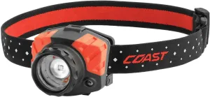 Coast FL85 615 Lumen Dual Color Pure Beam Focusing LED Headlamp with Twist Focus Hinged Beam Adjustment, Hard Hat Compatibility and Reflective Strap, Red