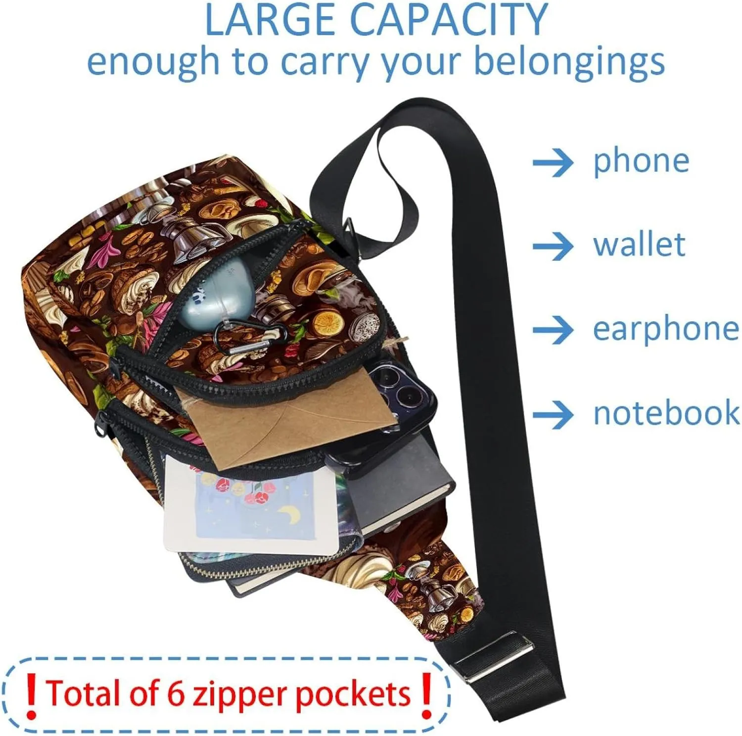 coffee maker elements sweets Sling Bag for Women Men Backpack Fanny Pack Crossbody Chest Travel Shoulder Belt Bags Purse Handbag
