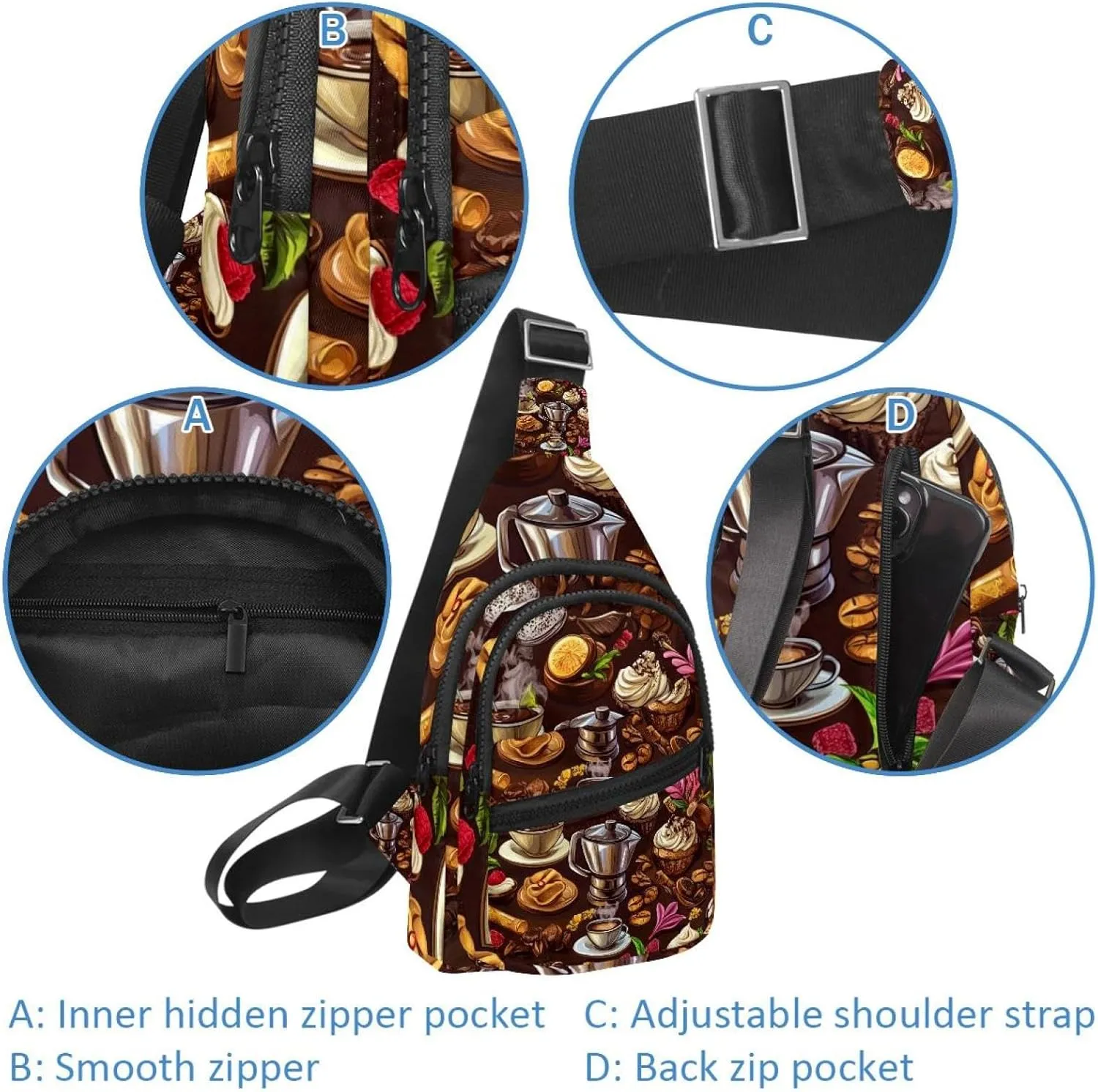 coffee maker elements sweets Sling Bag for Women Men Backpack Fanny Pack Crossbody Chest Travel Shoulder Belt Bags Purse Handbag