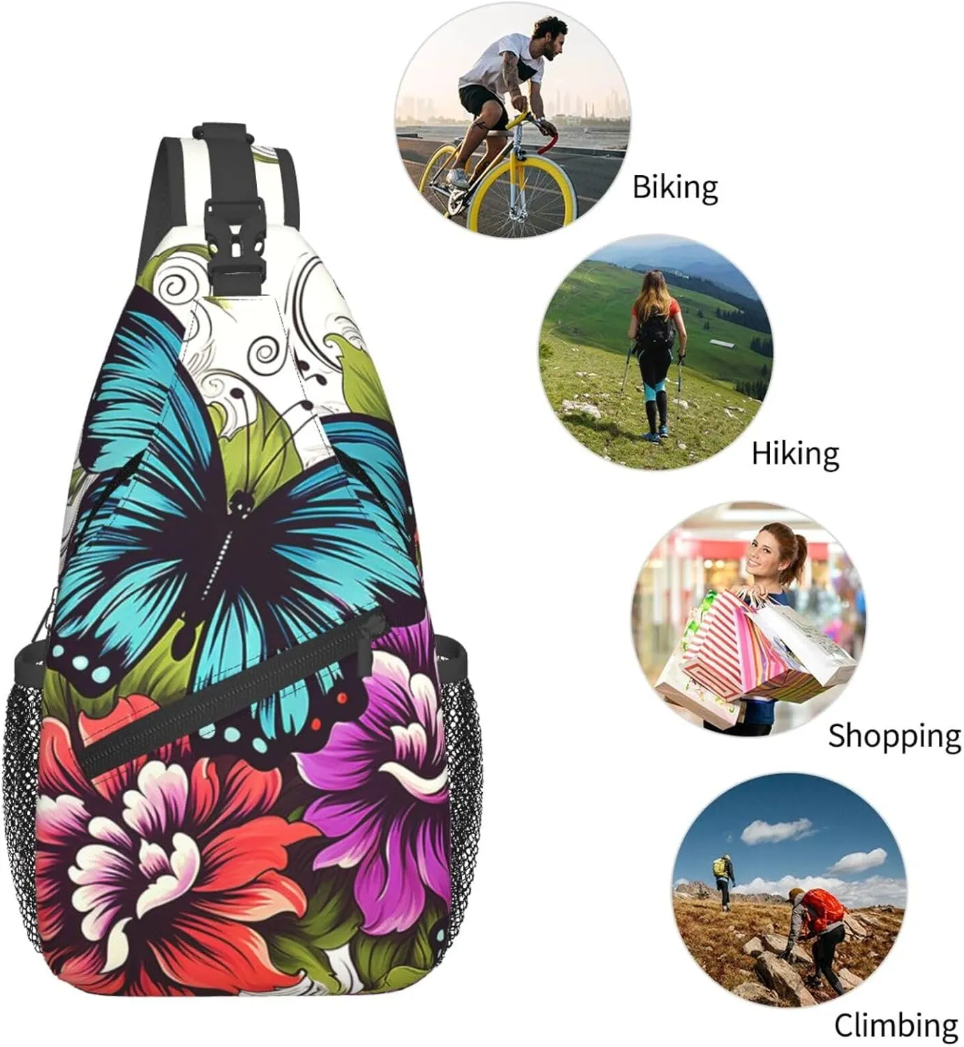 Color Flower And Butterfly Sling Bag Backpack For Men Cross Chest Bag Crossbody Shoulder Bag Travel Hiking Daypack