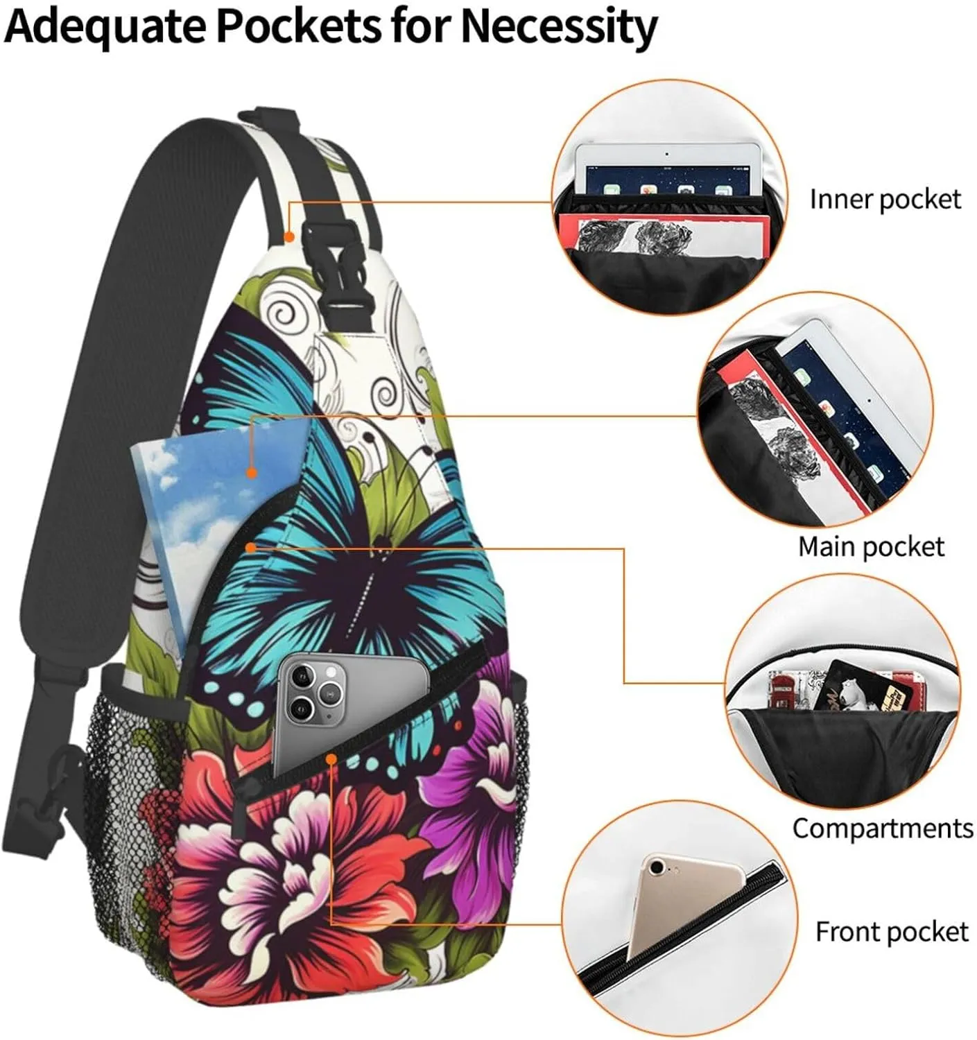 Color Flower And Butterfly Sling Bag Backpack For Men Cross Chest Bag Crossbody Shoulder Bag Travel Hiking Daypack