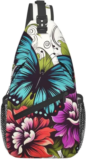 Color Flower And Butterfly Sling Bag Backpack For Men Cross Chest Bag Crossbody Shoulder Bag Travel Hiking Daypack