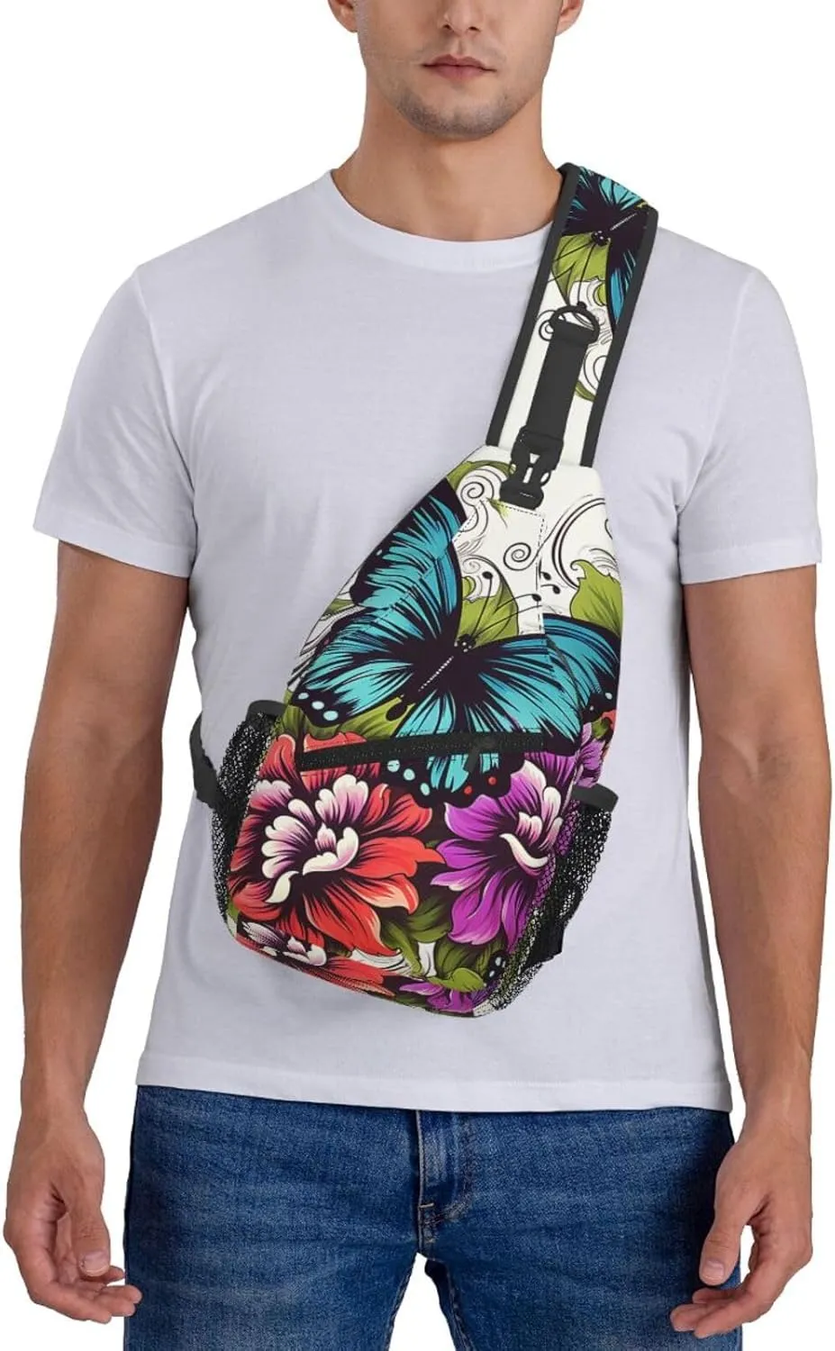 Color Flower And Butterfly Sling Bag Backpack For Men Cross Chest Bag Crossbody Shoulder Bag Travel Hiking Daypack