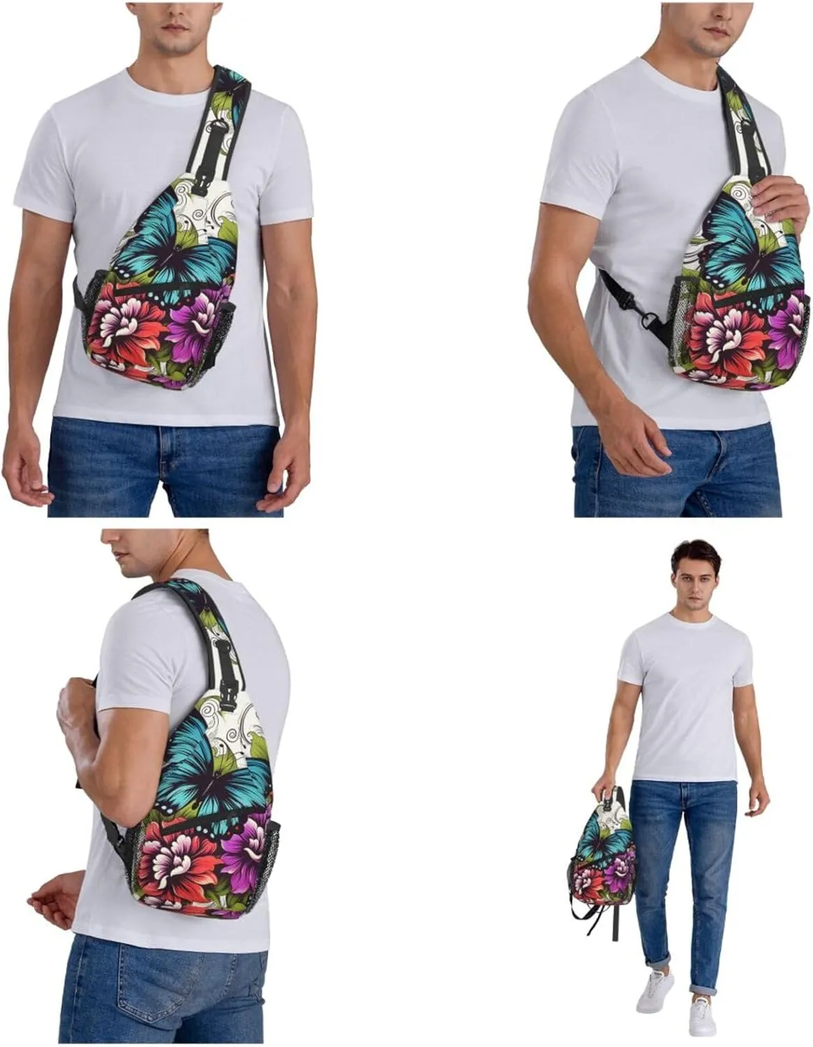 Color Flower And Butterfly Sling Bag Backpack For Men Cross Chest Bag Crossbody Shoulder Bag Travel Hiking Daypack