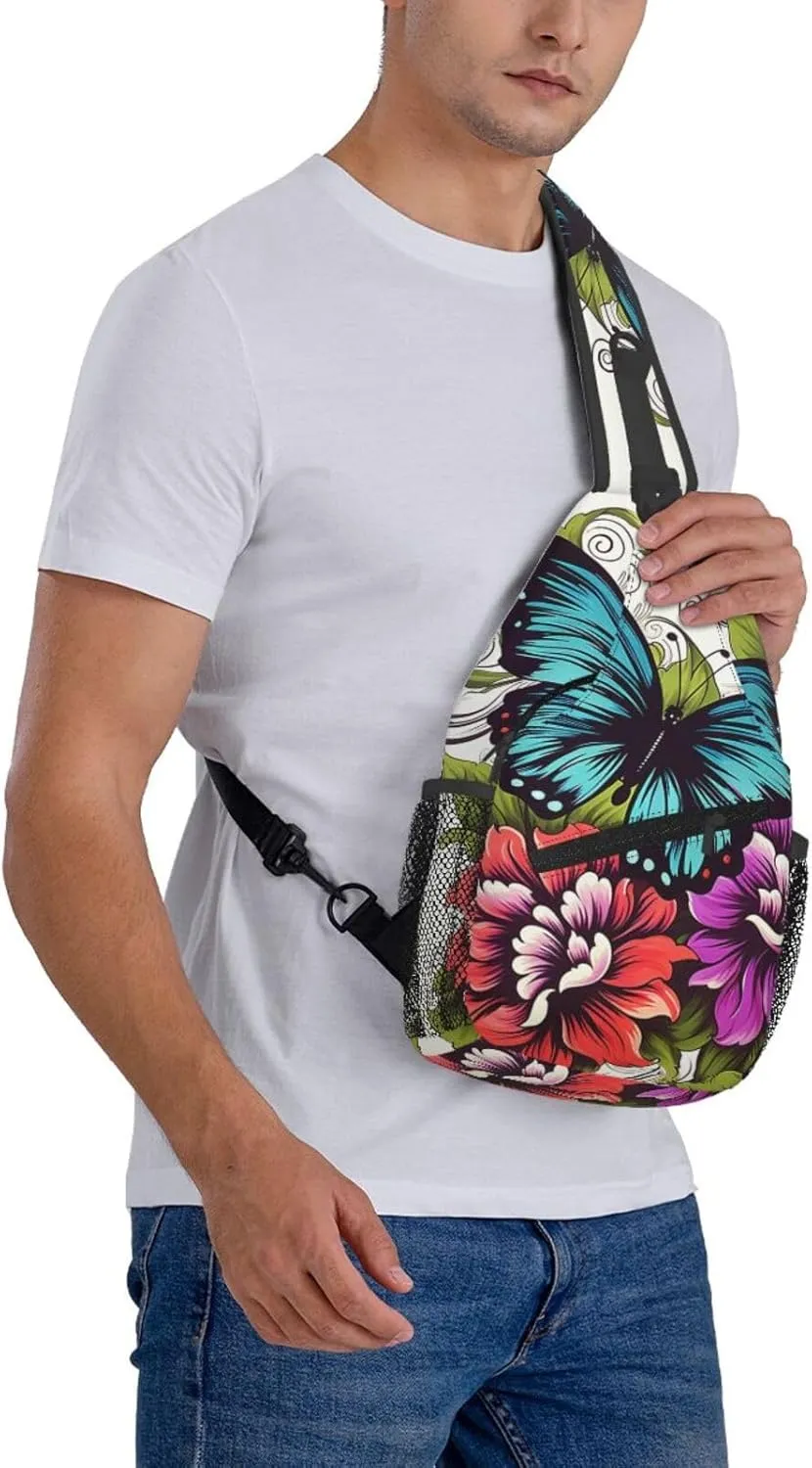 Color Flower And Butterfly Sling Bag Backpack For Men Cross Chest Bag Crossbody Shoulder Bag Travel Hiking Daypack