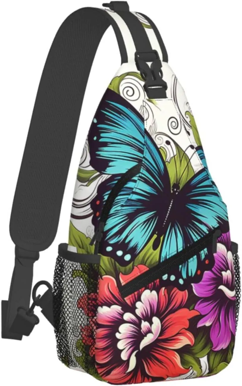 Color Flower And Butterfly Sling Bag Backpack For Men Cross Chest Bag Crossbody Shoulder Bag Travel Hiking Daypack