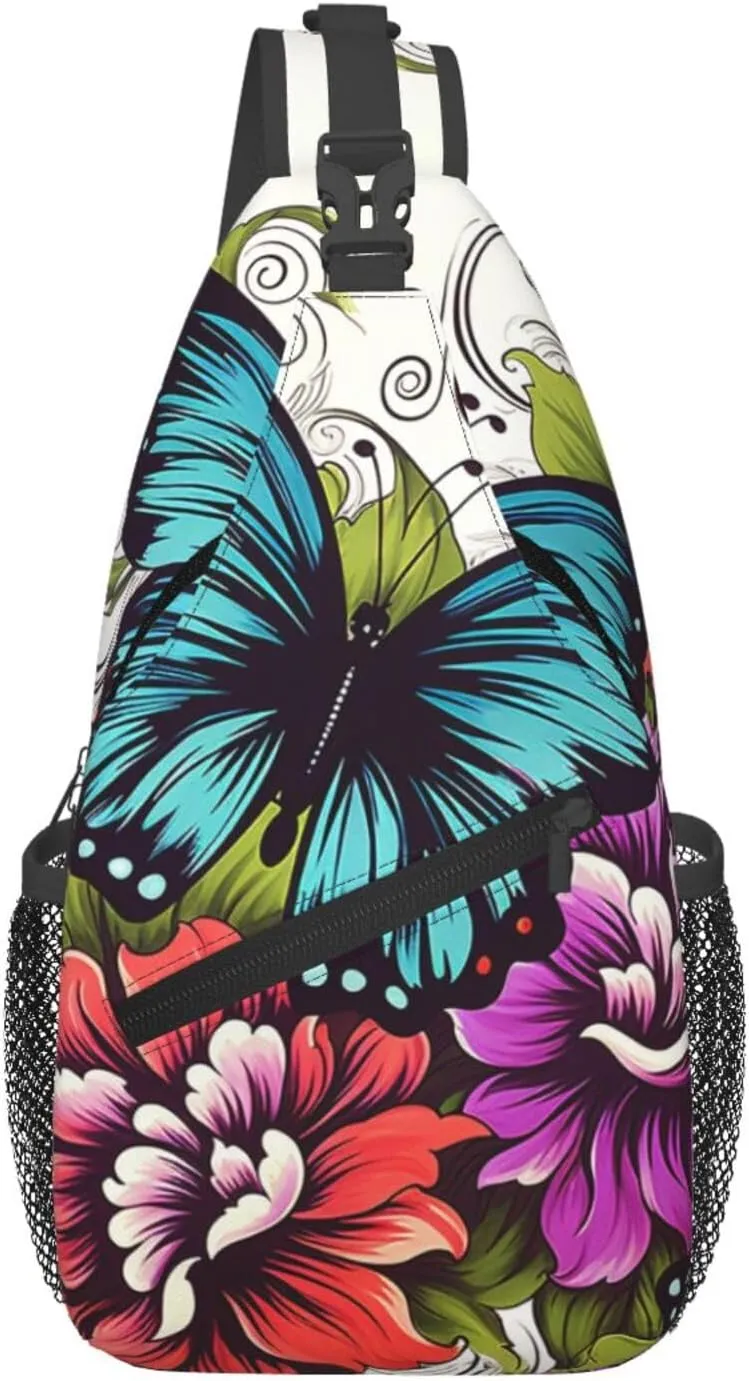 Color Flower And Butterfly Sling Bag Backpack For Men Cross Chest Bag Crossbody Shoulder Bag Travel Hiking Daypack