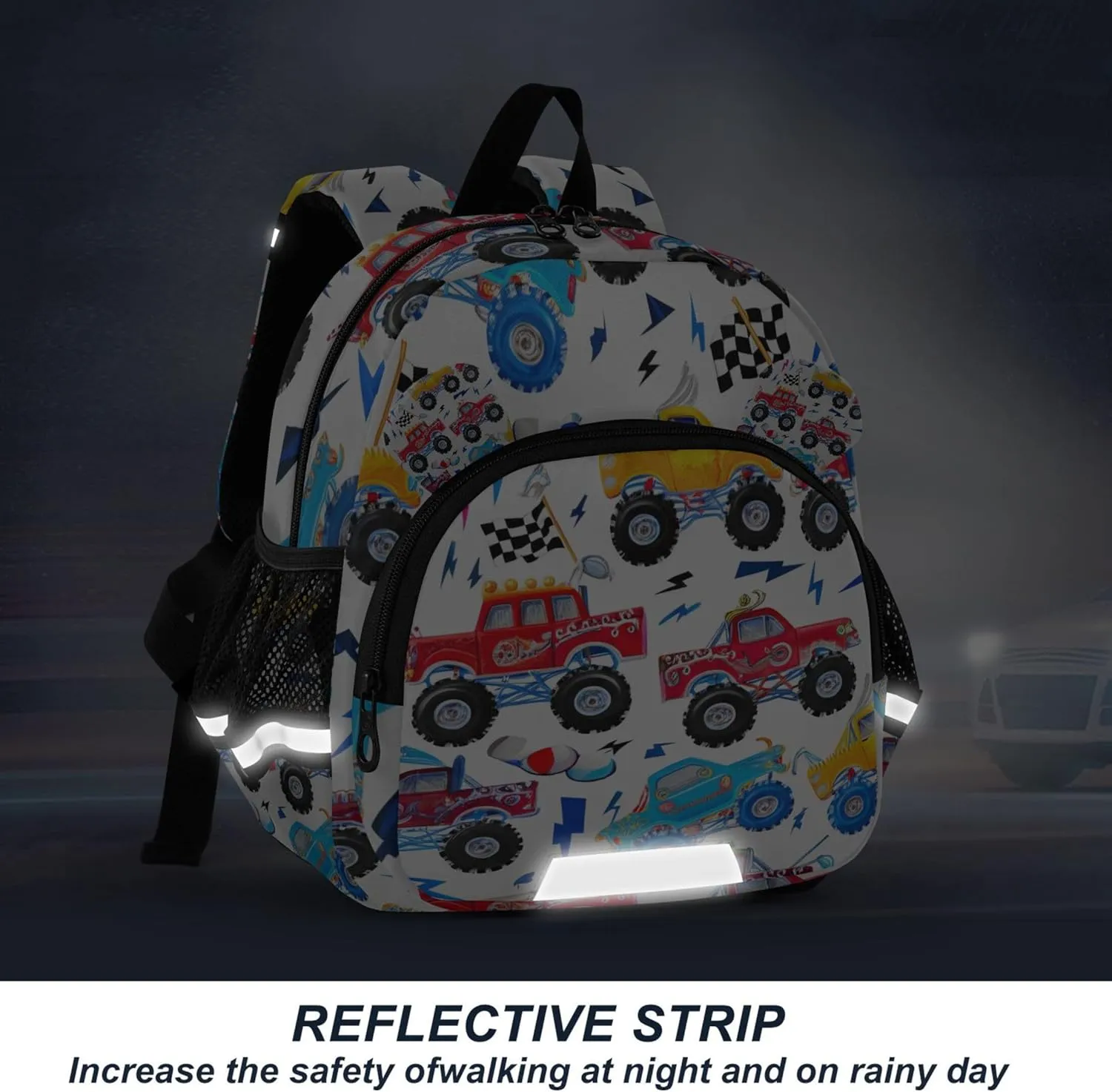 Colorful Monster Trucks Kids Backpack for Toddler Custom Preschool Bookbag Kindergarten Cute M 10L