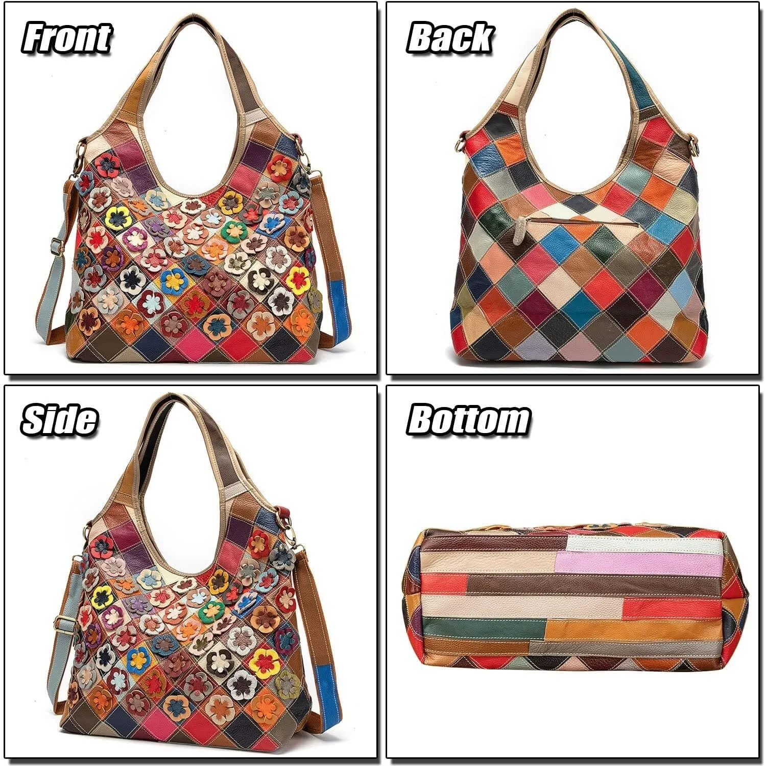 Colorful Patchwork Tote Bag for Women, Stylish Genuine Leather Large Hobo Handbag, Ladies Casual Laptop Shoulder Bag Purse