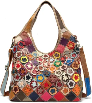 Colorful Patchwork Tote Bag for Women, Stylish Genuine Leather Large Hobo Handbag, Ladies Casual Laptop Shoulder Bag Purse