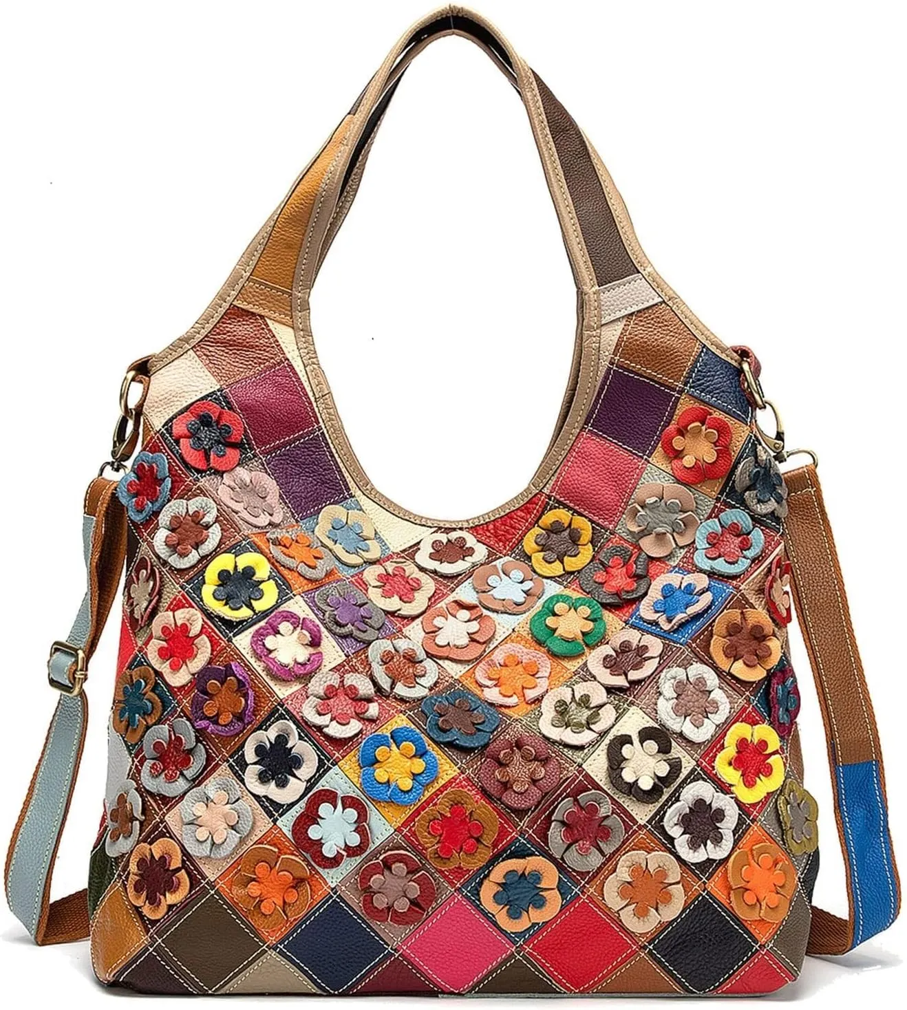 Colorful Patchwork Tote Bag for Women, Stylish Genuine Leather Large Hobo Handbag, Ladies Casual Laptop Shoulder Bag Purse