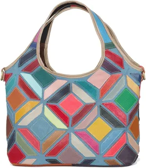 Colorful Patchwork Tote Bag for Women, Stylish Genuine Leather Large Hobo Handbag, Ladies Casual Laptop Shoulder Bag Purse