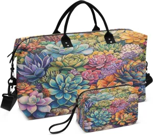 Colorful Succulent Garden Sports Gym Bag for Women Men Travel Duffel Bag Weekend Overnight Carry on Bag with Toiletry Bag Hospital Bag for Hospital Plane Swimming Yoga Workout