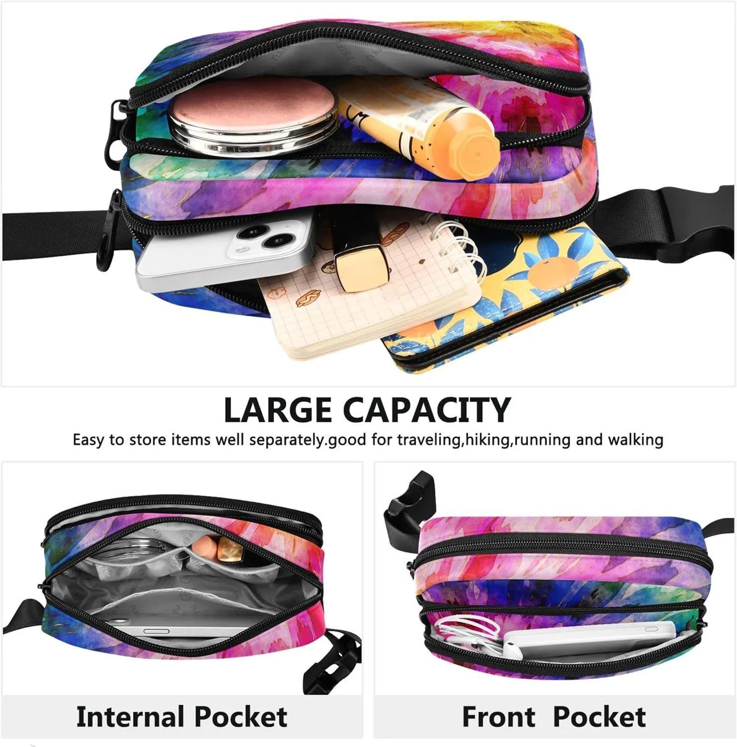 Colorful Tie Dye Rainbow Women Fanny Pack Waterproof Hip Pack Belt Pouch Cute Waist Purse for Women
