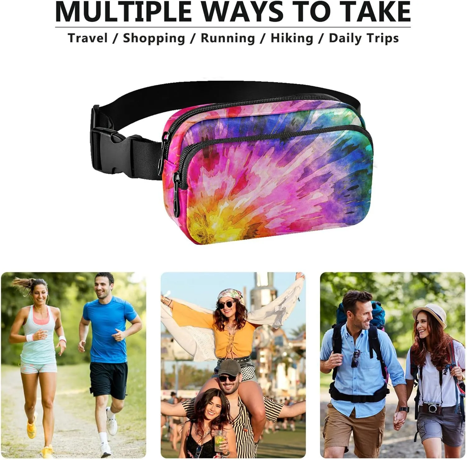 Colorful Tie Dye Rainbow Women Fanny Pack Waterproof Hip Pack Belt Pouch Cute Waist Purse for Women