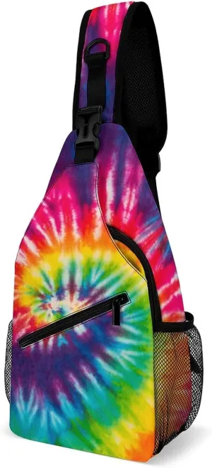 Colorful Tie Dye Sling Bag Crossbody for Women Men Lightweight Adjustable Extender Strap Art Swirl Shoulder Backpack with Water Bottle Holder Casual Daypack for Hiking Travel