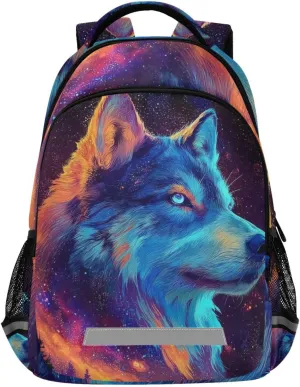 Colorful Wolf Starry Night Galaxy Backpack for Boys Girls Elementary School Bag Kids Travel Bags Casual Rucksack Laptop Bookbag