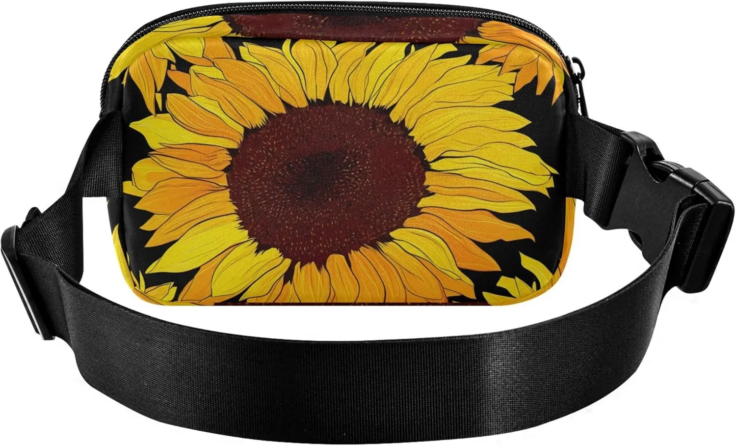 Colorful Yellow Sunflowers Black Womens Fanny Pack Cartoon Hip Pouch Belt Bag Waterproof Crossbody Waist Pack