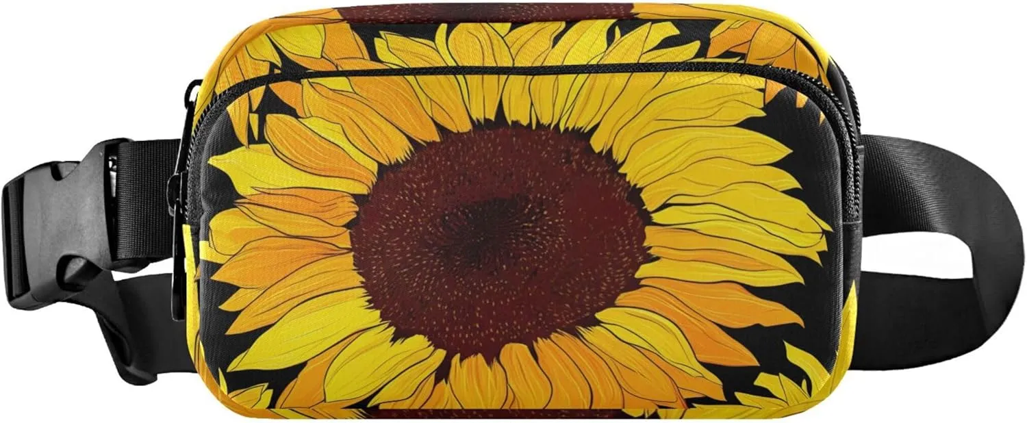 Colorful Yellow Sunflowers Black Womens Fanny Pack Cartoon Hip Pouch Belt Bag Waterproof Crossbody Waist Pack