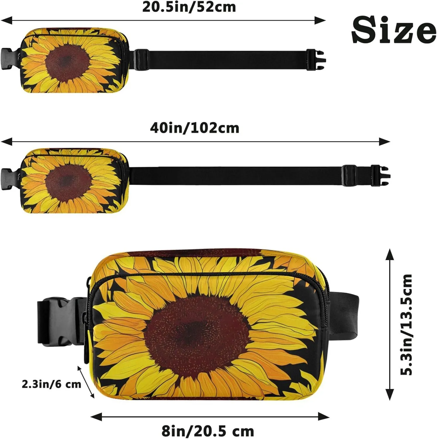 Colorful Yellow Sunflowers Black Womens Fanny Pack Cartoon Hip Pouch Belt Bag Waterproof Crossbody Waist Pack