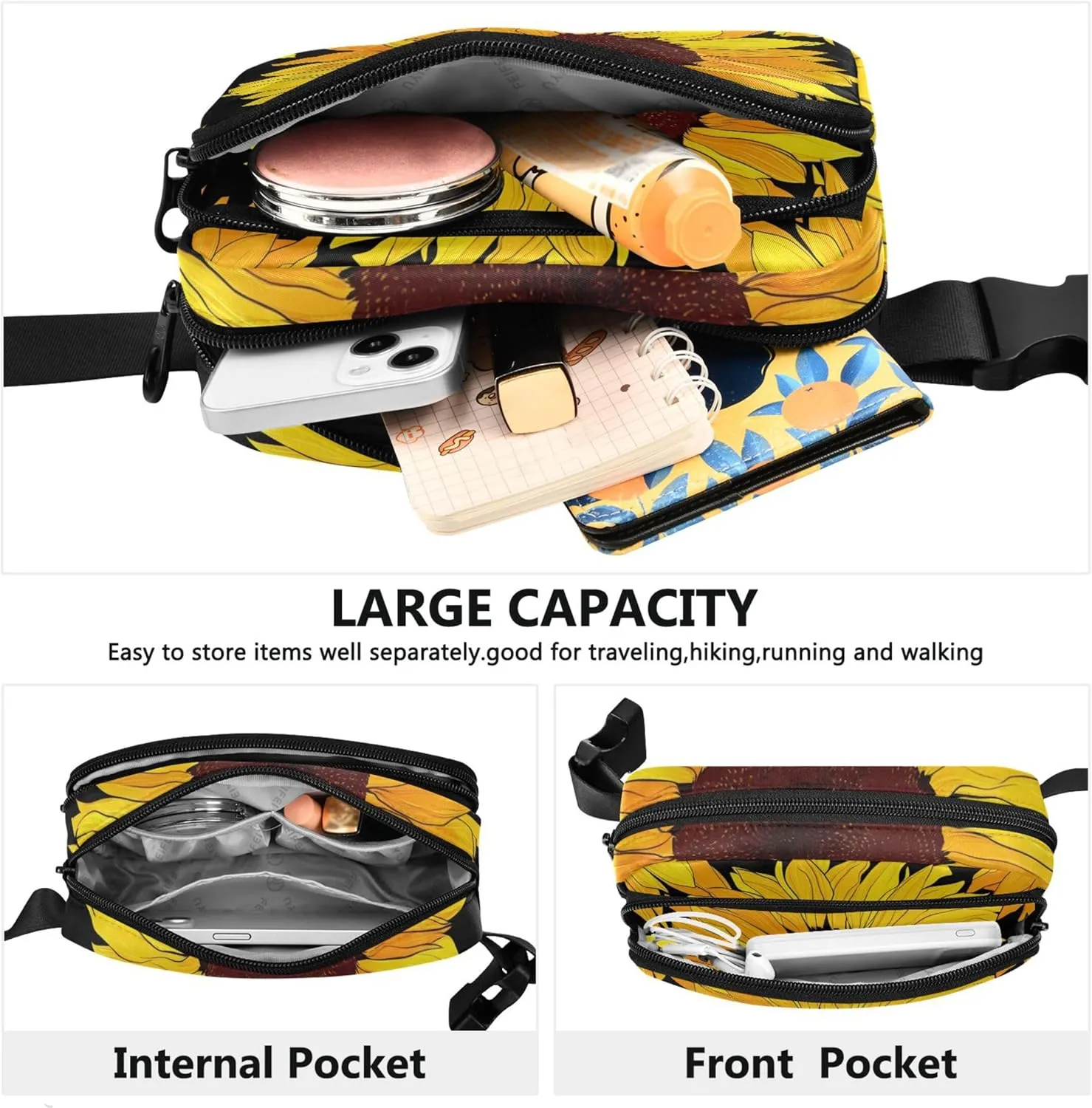 Colorful Yellow Sunflowers Black Womens Fanny Pack Cartoon Hip Pouch Belt Bag Waterproof Crossbody Waist Pack