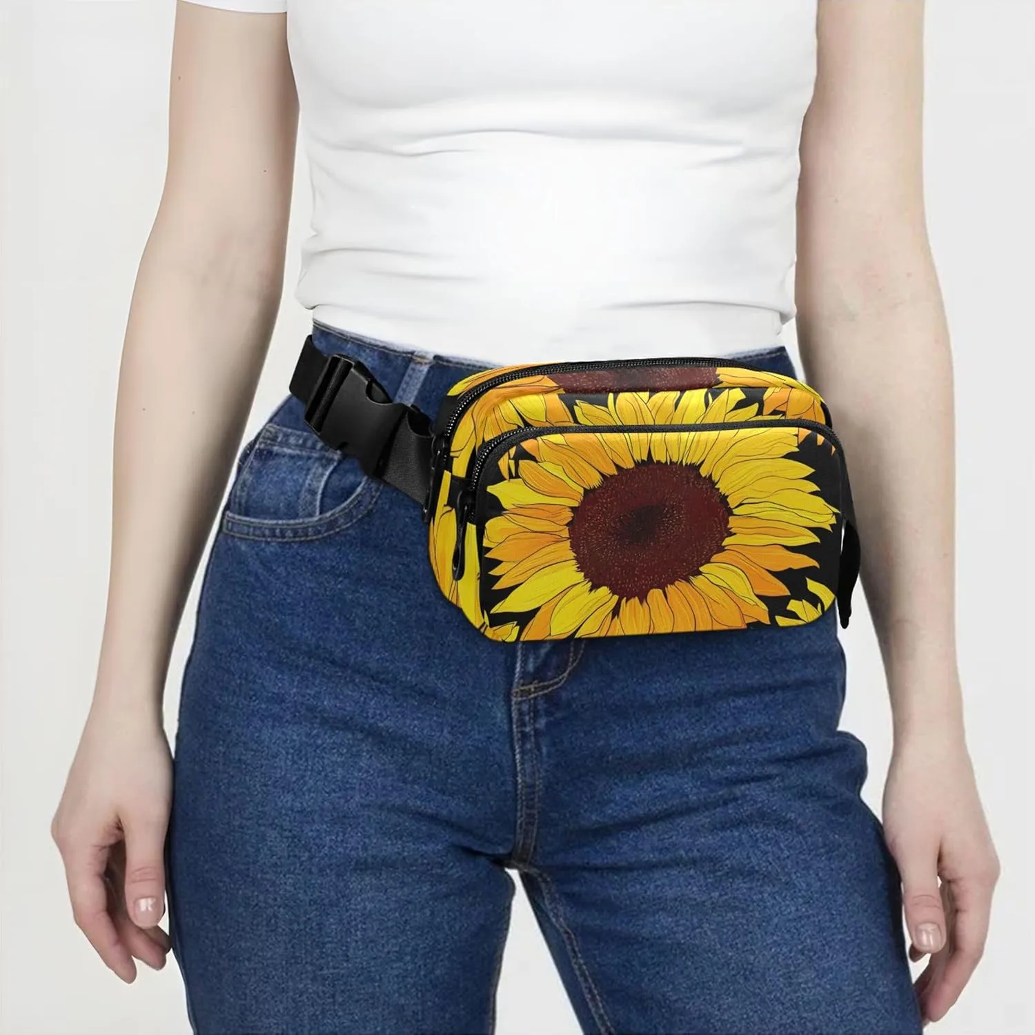 Colorful Yellow Sunflowers Black Womens Fanny Pack Cartoon Hip Pouch Belt Bag Waterproof Crossbody Waist Pack