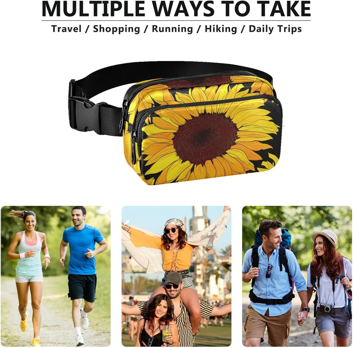 Colorful Yellow Sunflowers Black Womens Fanny Pack Cartoon Hip Pouch Belt Bag Waterproof Crossbody Waist Pack