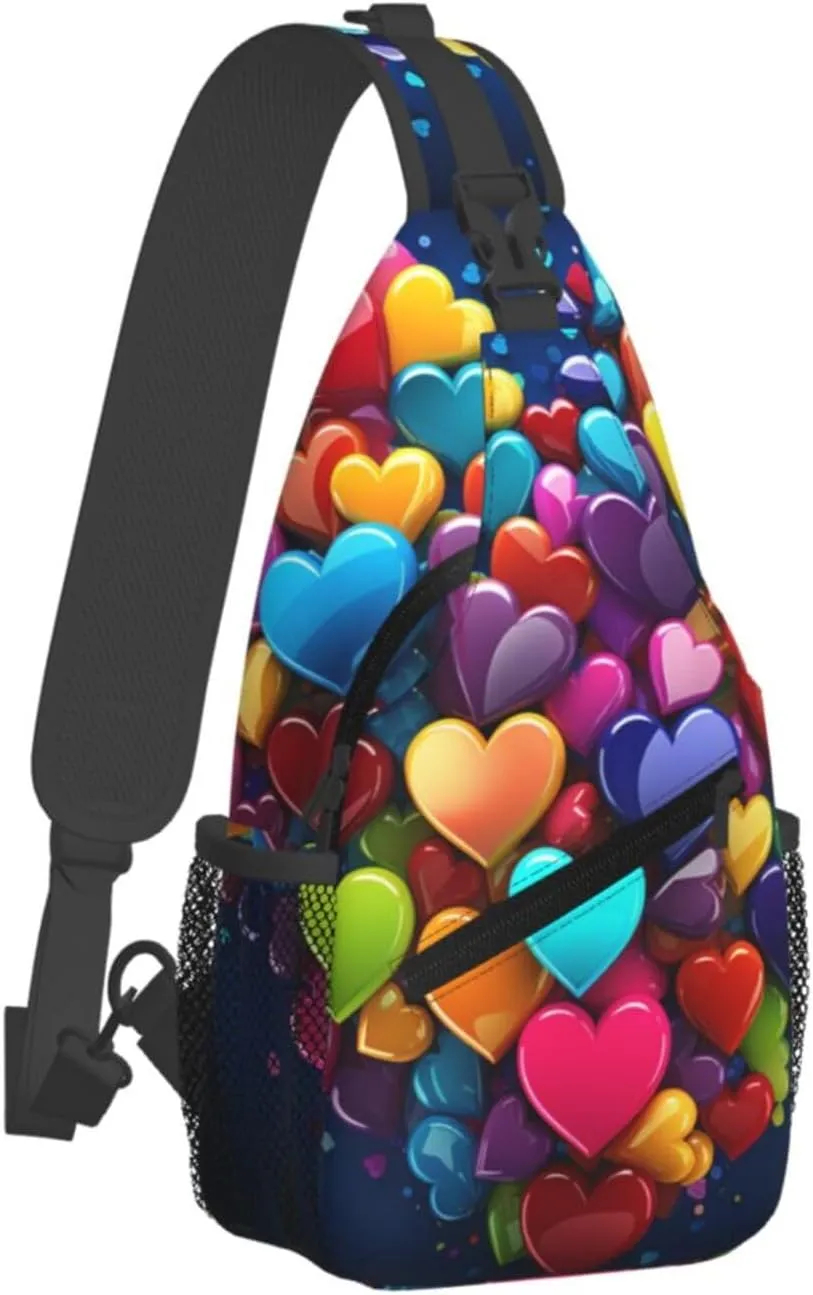 Colourful Heart Sling Bag Backpack For Men Cross Chest Bag Crossbody Shoulder Bag Travel Hiking Daypack