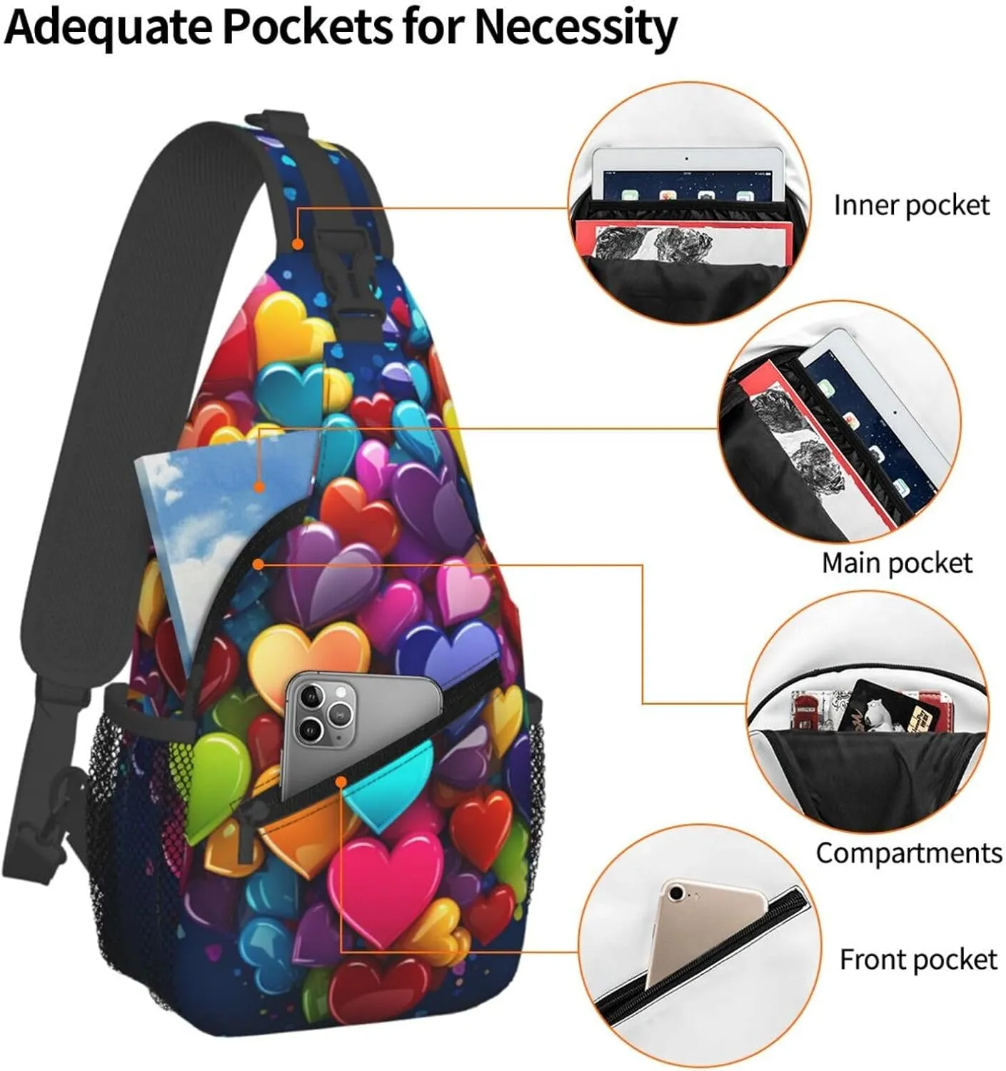 Colourful Heart Sling Bag Backpack For Men Cross Chest Bag Crossbody Shoulder Bag Travel Hiking Daypack