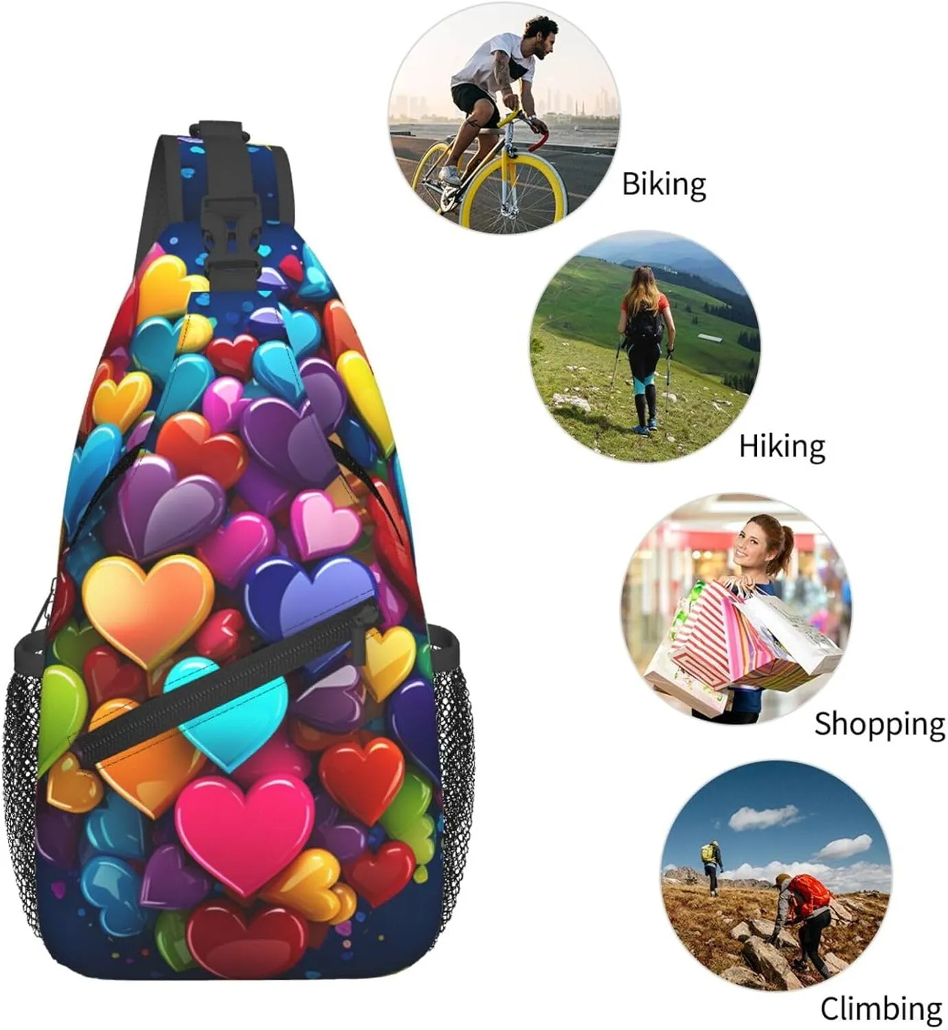 Colourful Heart Sling Bag Backpack For Men Cross Chest Bag Crossbody Shoulder Bag Travel Hiking Daypack