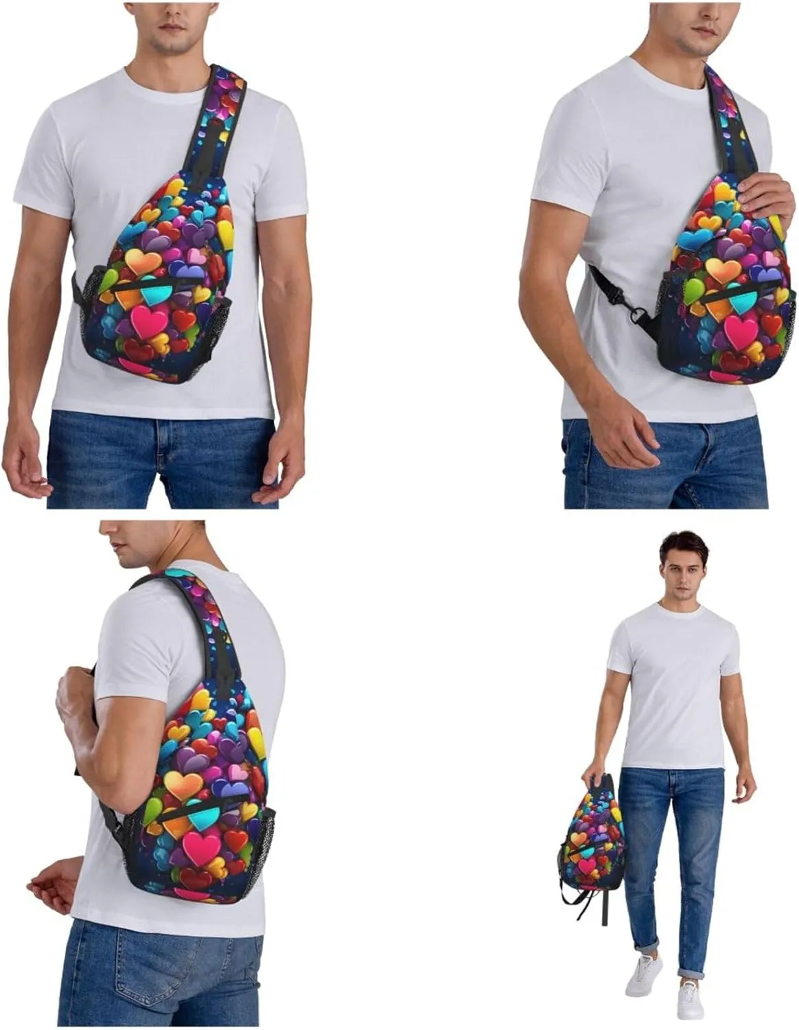 Colourful Heart Sling Bag Backpack For Men Cross Chest Bag Crossbody Shoulder Bag Travel Hiking Daypack