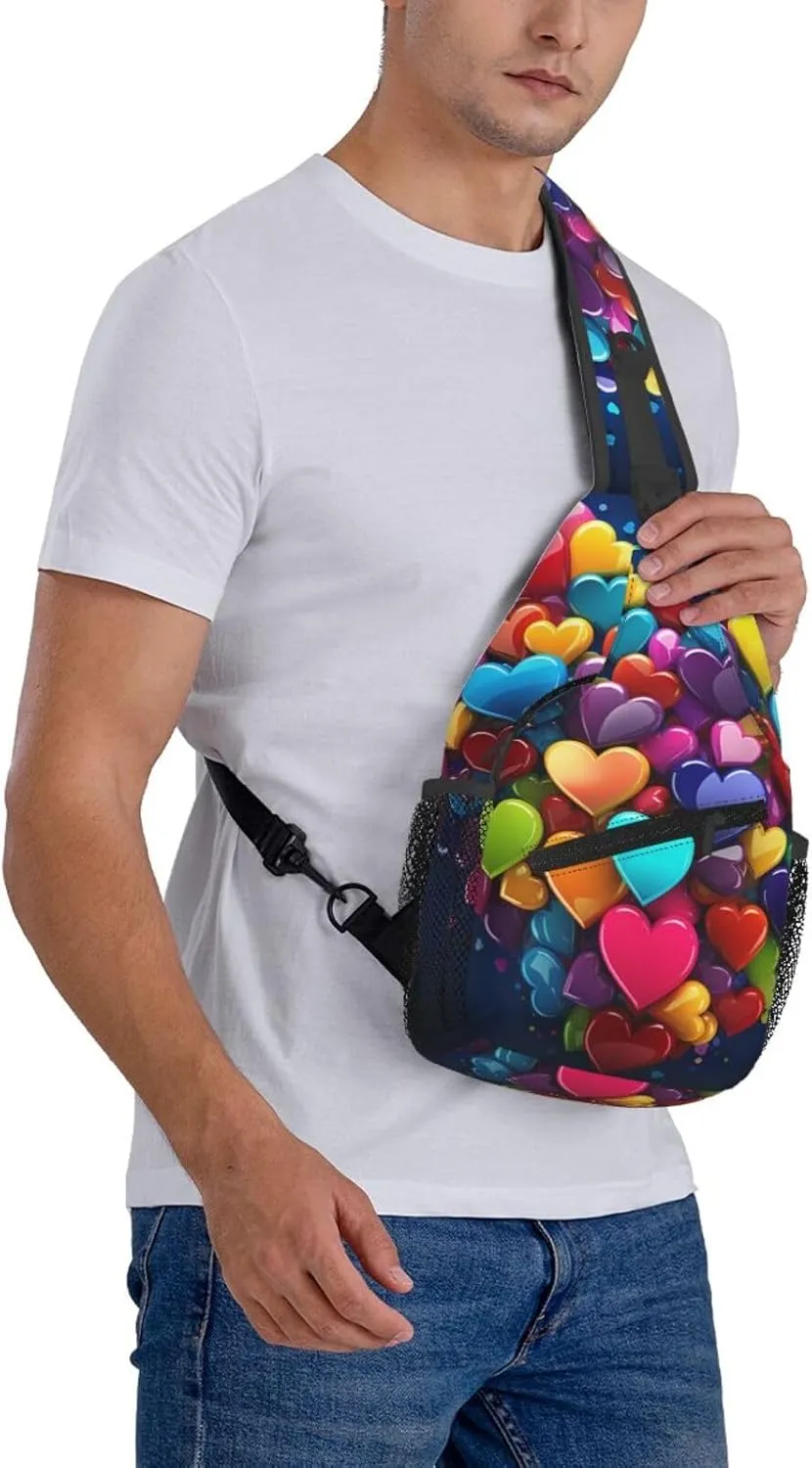 Colourful Heart Sling Bag Backpack For Men Cross Chest Bag Crossbody Shoulder Bag Travel Hiking Daypack