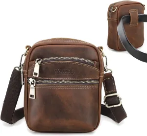 CONTACT'S Crazy Horse Leather Small Crossbody Sling Bag for Men Belt Bag Vintage Waist Pack MIni Side Bag for Travel Climbing