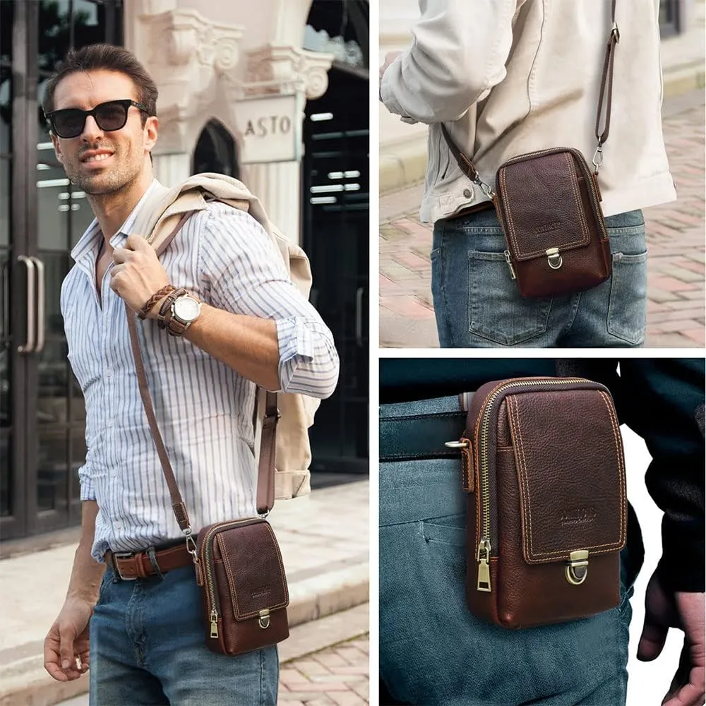 Contacts Full Grain Leather Mini Crossbody Waist Pack Small Sling Bag Travel Phone Wallet Climbing Belt Bag Side Bag