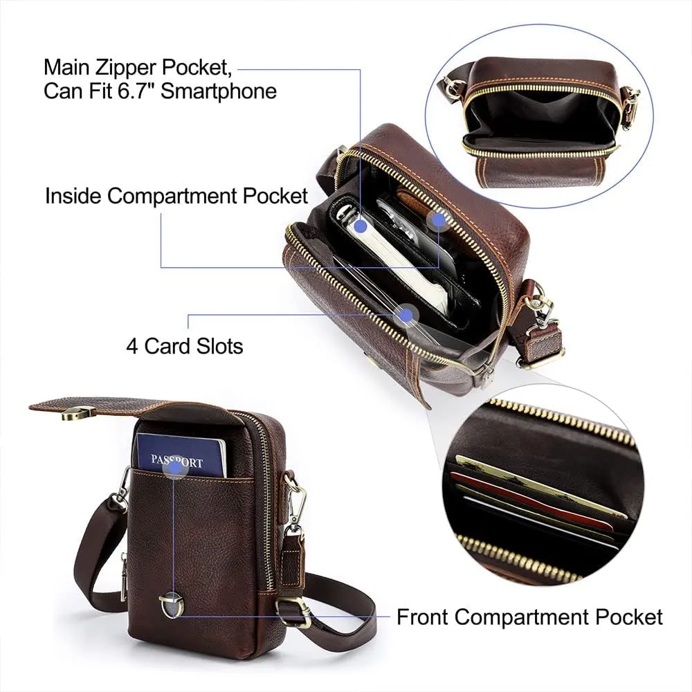 Contacts Full Grain Leather Mini Crossbody Waist Pack Small Sling Bag Travel Phone Wallet Climbing Belt Bag Side Bag