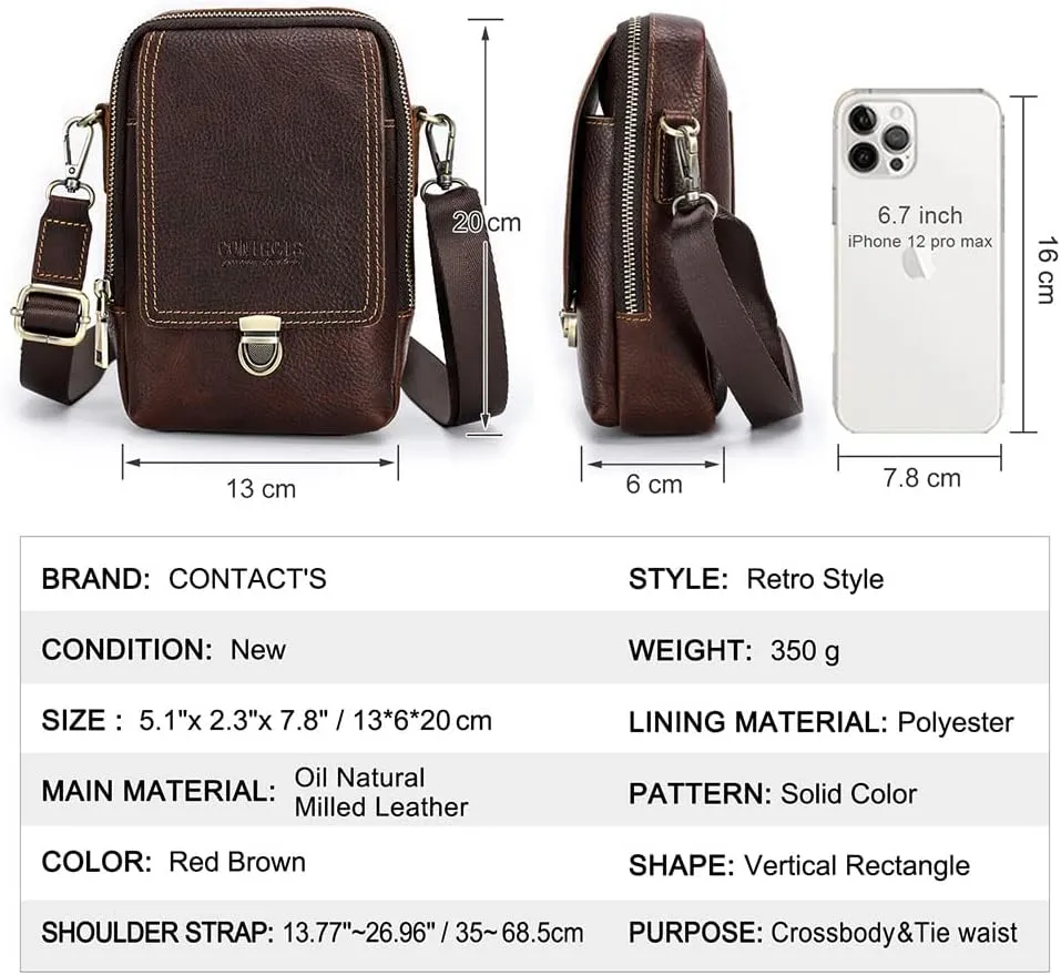 Contacts Full Grain Leather Mini Crossbody Waist Pack Small Sling Bag Travel Phone Wallet Climbing Belt Bag Side Bag