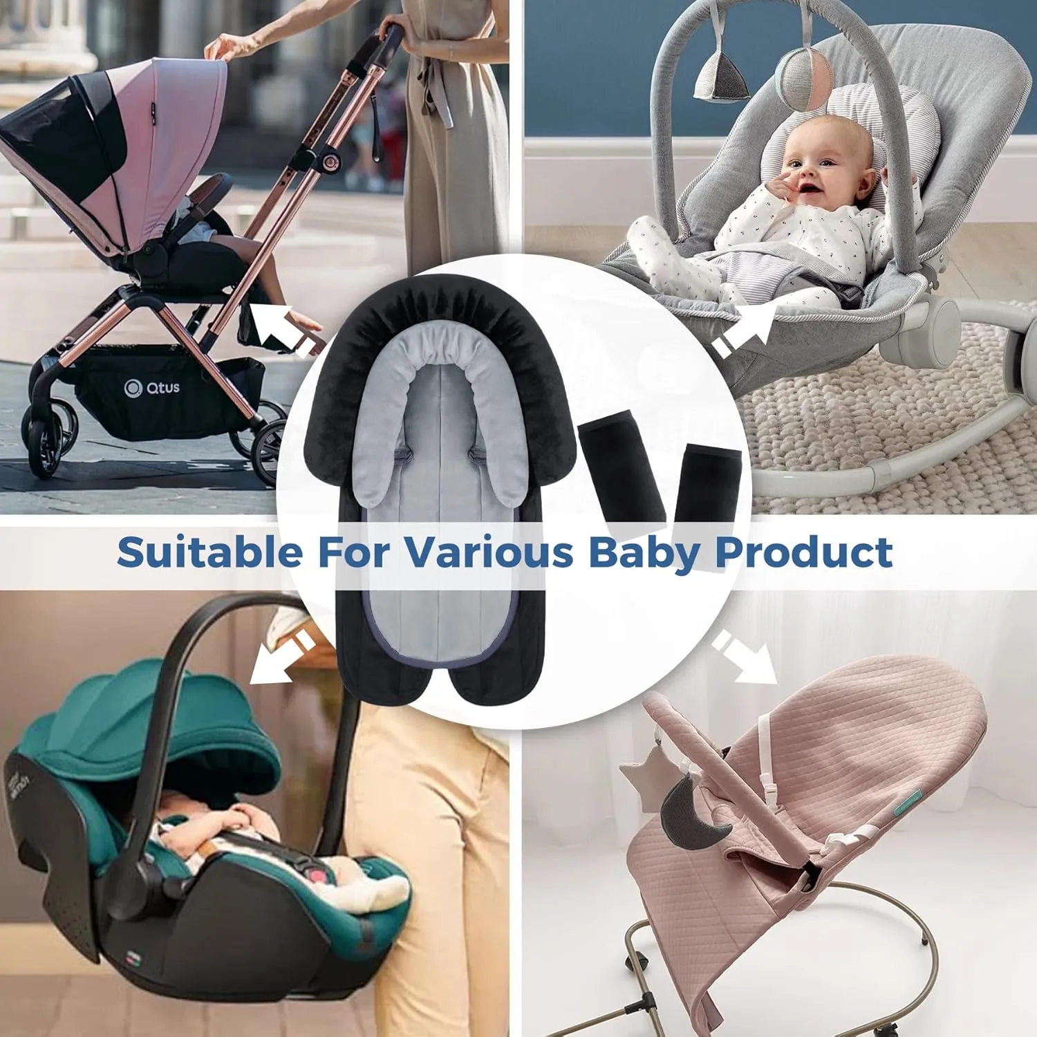 COOLBEBE New Babybody Support & Strap Covers Set for Newborn Infant Toddler- Extra Soft Stroller Cushion Pads Car Seat Insert, Perfect for Carseats, Strollers, Swings, Black