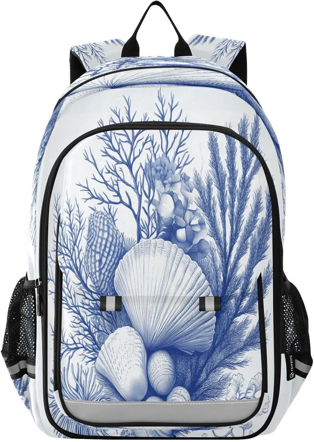 Coral Branches Seashells Seaweed Anemones Multi Compartment Student Backpack Reflective Stripes Travel Bag Casual Daypack School Bags for Boys Girls