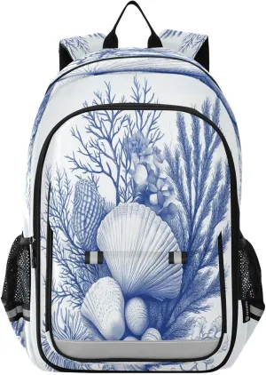 Coral Branches Seashells Seaweed Anemones Multi Compartment Student Backpack Reflective Stripes Travel Bag Casual Daypack School Bags for Boys Girls