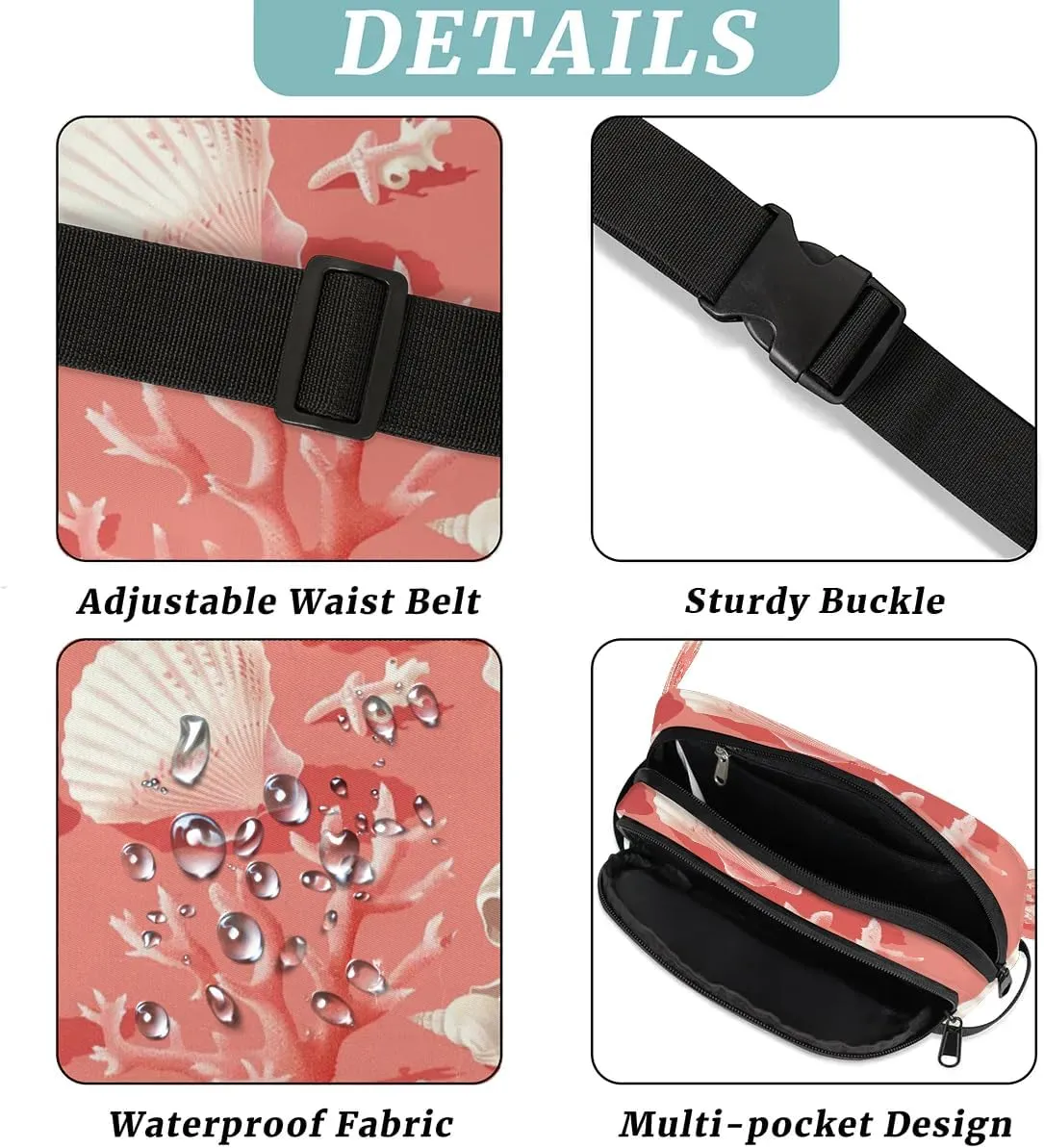 Coral Seashell Crossbody Bags for Women Trendy Waterproof Fanny Pack with Adjustable Strap Fanny Pack for Travel Shopping Running and Daily Use