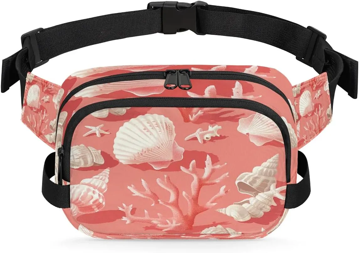 Coral Seashell Crossbody Bags for Women Trendy Waterproof Fanny Pack with Adjustable Strap Fanny Pack for Travel Shopping Running and Daily Use