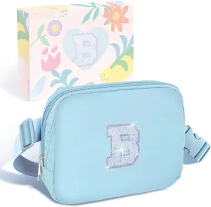 COSHAYSOO Blue Belt Bag Small Waist Fanny Pack Crossbody Purse with Initial Letter Patch for Teen Girl Daughter, Nylon Cross Body Travel Chest Pouch Trending Gift (B)
