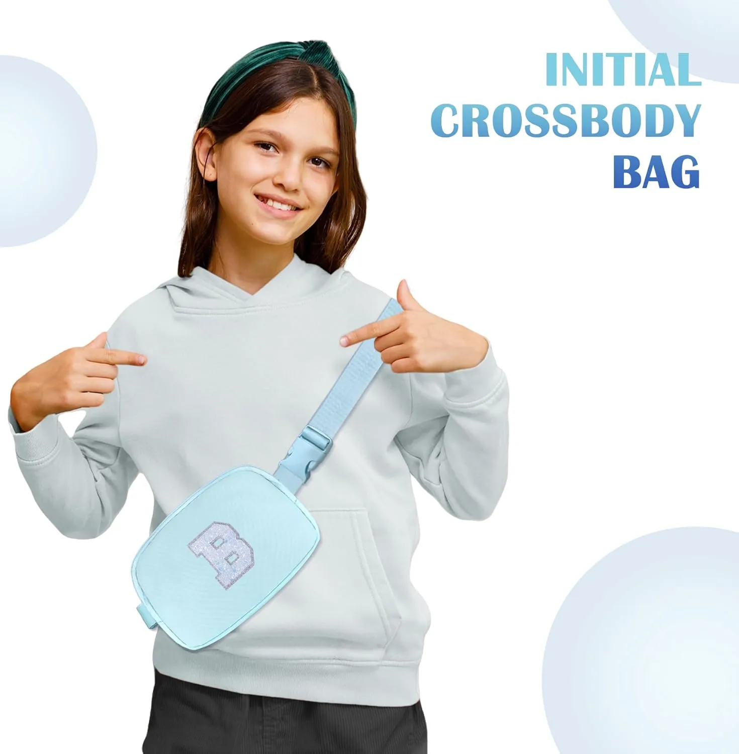 COSHAYSOO Blue Belt Bag Small Waist Fanny Pack Crossbody Purse with Initial Letter Patch for Teen Girl Daughter, Nylon Cross Body Travel Chest Pouch Trending Gift (B)