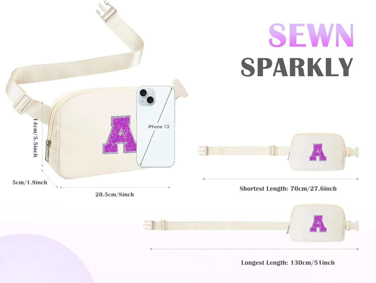 COSHAYSOO Fanny Pack Belt Bag Crossbody for Girls Cross Body Purse Personalized Preppy Birthday Easter Gifts Teen Girls Travel Everywhere Essentials Bum Bag Ivory Sparkly Initial Letter A