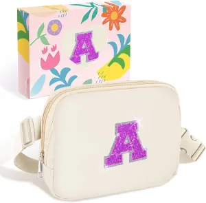 COSHAYSOO Fanny Pack Belt Bag Crossbody for Girls Cross Body Purse Personalized Preppy Birthday Easter Gifts Teen Girls Travel Everywhere Essentials Bum Bag Ivory Sparkly Initial Letter A