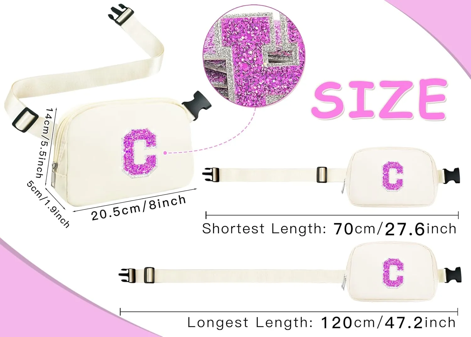 COSHAYSOO Small Waist Fanny Pack Belt Bag with Initial Letter Adjustable Strap for Women Teen Girl Sports Walking, Valentines Easter Gifts Cross Body Travel Purse Fashion Cute Preppy Pouch Ivory (C)