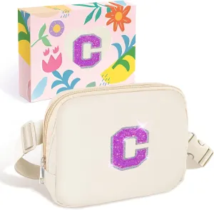 COSHAYSOO Small Waist Fanny Pack Belt Bag with Initial Letter Adjustable Strap for Women Teen Girl Sports Walking, Valentines Easter Gifts Cross Body Travel Purse Fashion Cute Preppy Pouch Ivory (C)