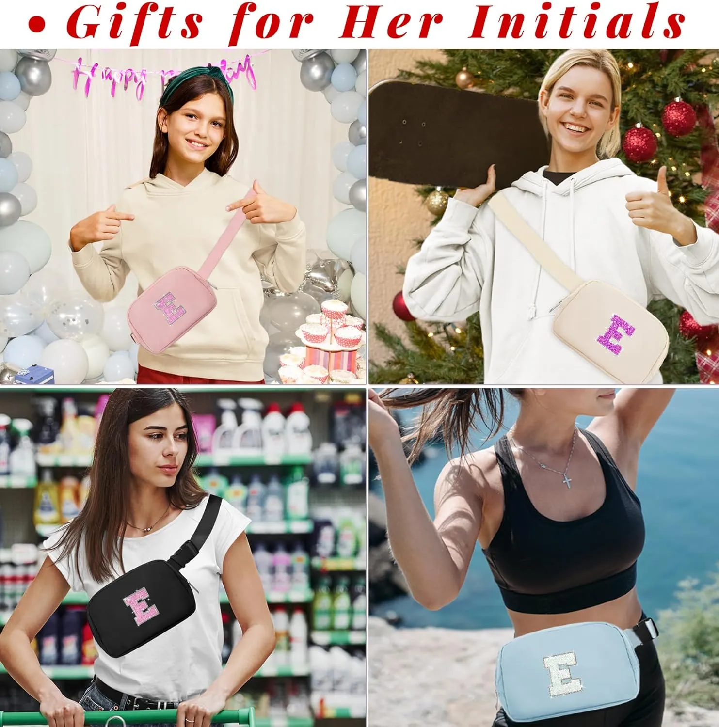 COSHAYSOO Small Waist Fanny Pack Belt Bag with Initial Letter Adjustable Strap for Women Teen Girl Sports Walking, Valentines Easter Gifts Cross Body Travel Purse Fashion Cute Preppy Pouch Ivory (C)