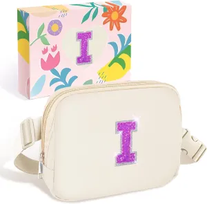 COSHAYSOO Small Waist Fanny Pack Belt Bag with Initial Letter Patch Adjustable Strap for Women Girls Running Traveling, Mini Crossbody Travel Purse Sports Events Festival Practical Pouch Ivory (I)